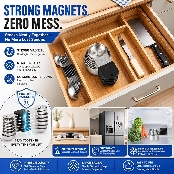 Magnetic Measuring Cups & Spoons Set, Strong N52 Magnets, Heavy Duty 304 Stainless Steel Fits in Spice Jars for Baking & Cooking, BPA Free, Round Set of 15 with Leveler,Dark Black