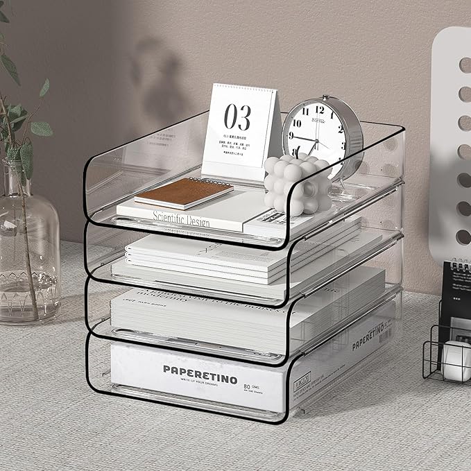 FANXIYQ 4-Tier Acrylic Paper Tray Organizer | Clear Stackable Desk Organizer for Documents, Letters, A4 Paper | Modern Office/Classroom/Home Organization