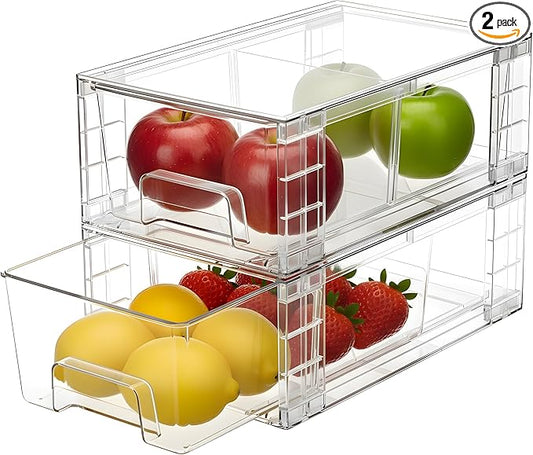 2 Pack Stackable Storage Drawers,Plastic Organizers Bins, Drawers Storage with Handles and Movable Dividers for Organization and Storage in Fridge,Bathroom, Pantry, Kitchen Cabinets, Under Sink