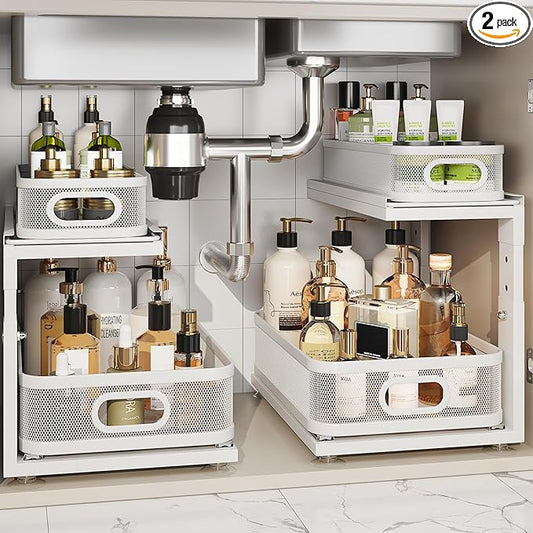 2 Pack Under Sink Organizer With Next-Gen Ball-Bearing Slides,2-Tier Precision Mesh Pull Out Cabinet Drawers Storage for Bathroom&Kitchen,Height Adjustable Shelf,Rust-resistant-Patent Pending
