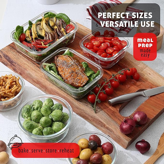 Nestl 24pc Glass Storage Containers with Lids, 12 Glass Food Storage Containers with 12 Airtight Lids for Pantry & Kitchen, Meal Prep Containers for Lunch, Oven Microwave & Dishwasher Safe, Gray