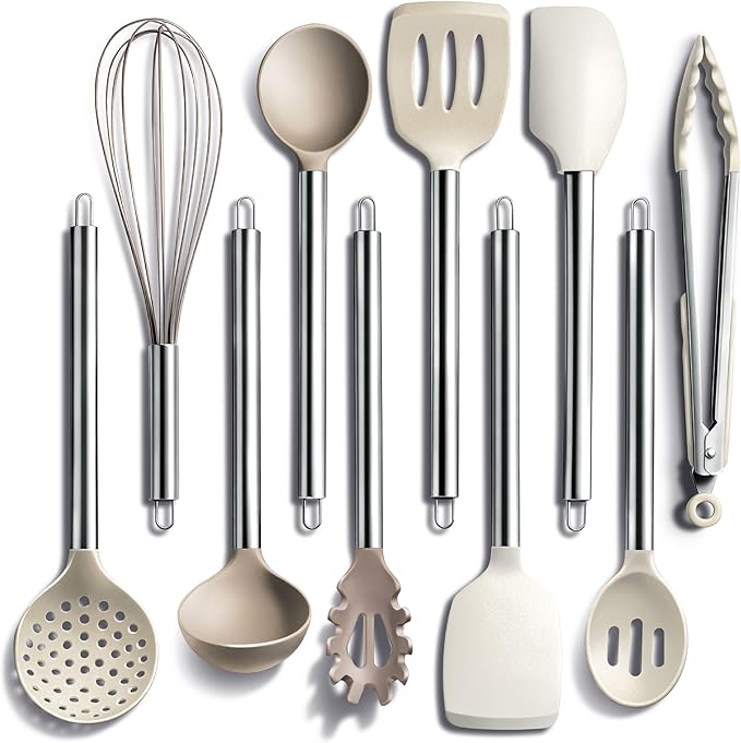 COOK WITH COLOR Silicone Cooking Utensils, Kitchen Utensil Set, Easy to Clean Silicone Kitchen Utensils, Cooking Utensils for Nonstick Cookware, Kitchen Gadgets Set, 10 Pieces, Brown