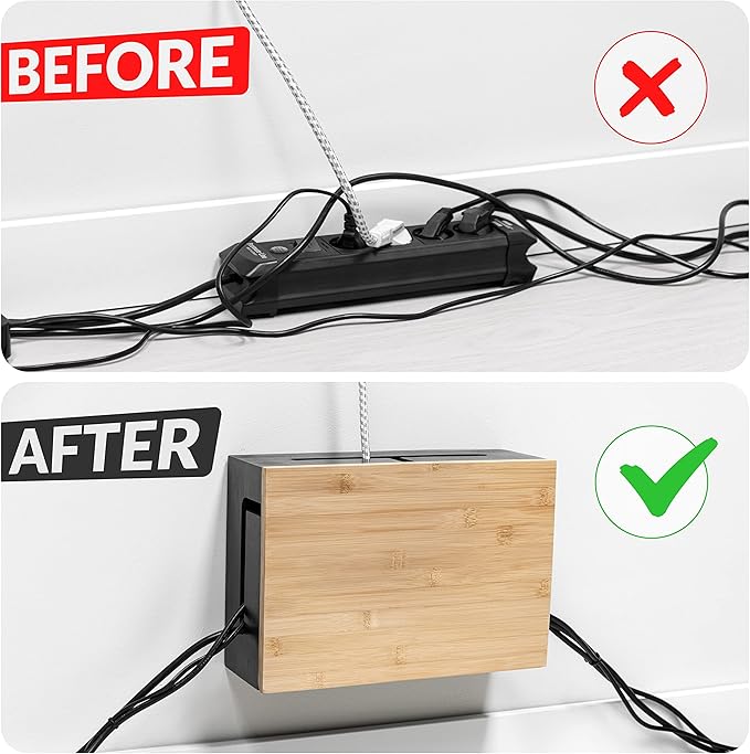 Bamboo Cable Management Box with Magnetic Lid - 12,6x7,8x4.3 in - Durable Cable Organizer to Hide Cords & Power Strip - Wall Mountable - Including Hardware - for Home, Office, Desk & More (Black)