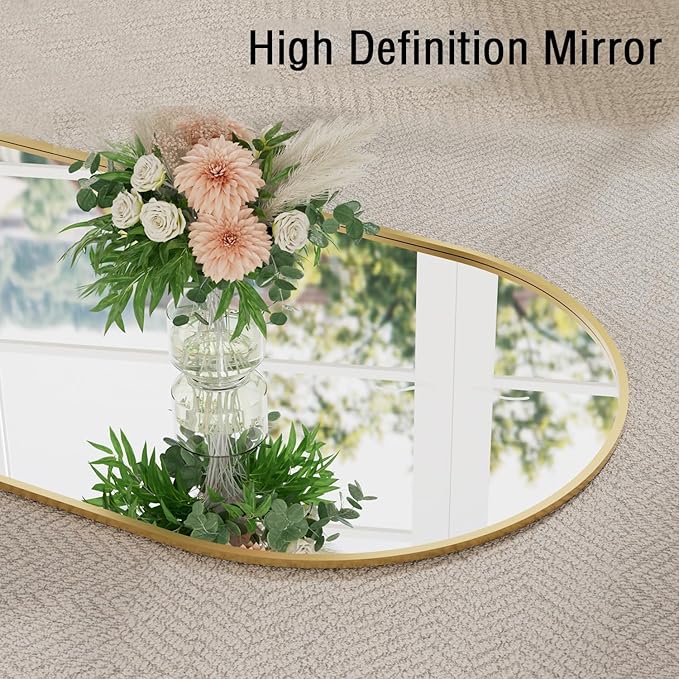 16"x48" Hanging Mirror with Leather Strap,Arched Full Length Mirror with Aluminum Frame Wall-Mounted Hanging Mirrors for Bathroom Vanity Living Room Bedroom Entryway Décor, Gold