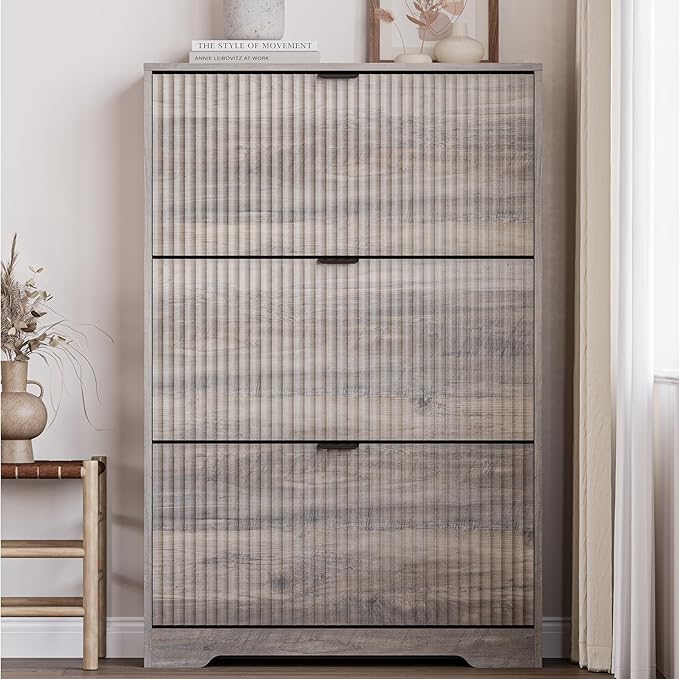 BORNOON Entryway Shoe Cabinet with 3 Flip Drawers, Narrow Shoe Organizer Cabinet with Fluted Panel and Adjustable Shelves for Foyer, Hallway