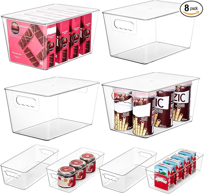 Vtopmart 8 Pack Clear Plastic Storage Bins with Lid Set, 4 Large and 4 Small Pantry Organizers and Storage Bins with Handle, Storage Containers for Pantry, Kitchen, Fridge, Cabinet Organization