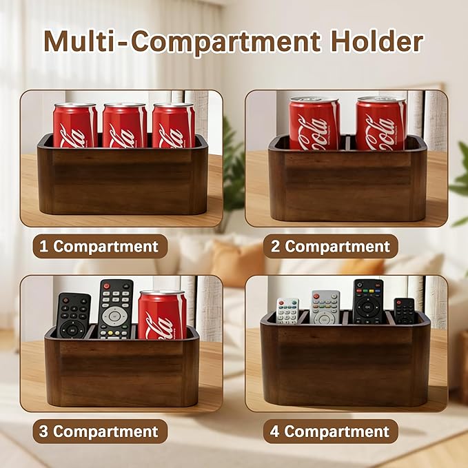 Acacia Wood Remote Control Holder, Walnut Color TV Remote Holder with 4 Adjustable Compartments, Wooden Remote Caddy Organizer for Table, Desk, Nightstand, Living Room, Office