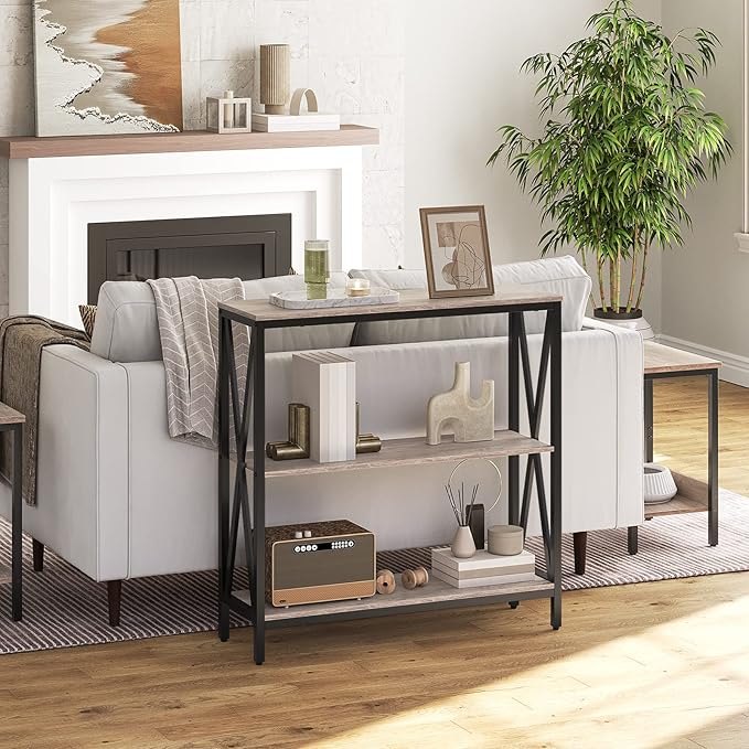 MAHANCRIS 31.5" Sofa Table, Industrial Console Table, 3-Tier Narrow Sofa Table with Storage Shelves, Foyer Table for Entryway, Hallway, Living Room and Bedroom, Easy Assembly, Greige CTHG8001Z1