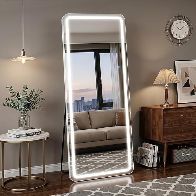 71"x32" Full Length Mirror with LED Lights, Dimmable Lighted Floor Mirror with 3 Color Lighting & Touch Control, Standing or Wall Mounted Full Body Mirror for Bedroom Dressing Room, White