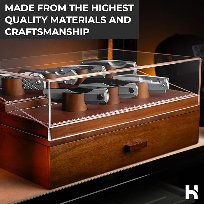 Premium Pocket Knife Display Case for 30 Knives - Large Wooden Knife Organizer, Storage & Holder with Unique Pillars, Hinged Cover, Drawer - Knife Collection Box - Handcrafted Father's Day Present