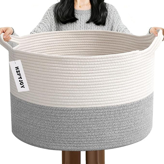 65L Large Blanket Basket,Woven Rope Laundry Basket Hamper with Handles,Decorative Nursery Basket Storage Bin for Toys, Pillows , Clothes Organizer, Living Room, Bedroom, Bathroom, White&Grey
