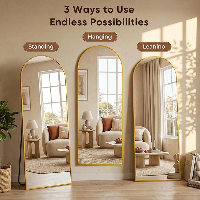Full Length Mirror, 57"x19" Arched Floor Mirror Freestanding, Floor Standing Full Body Mirror with Stand for Bedroom, Hanging Mounted for Living Room Cloakroom, Gold