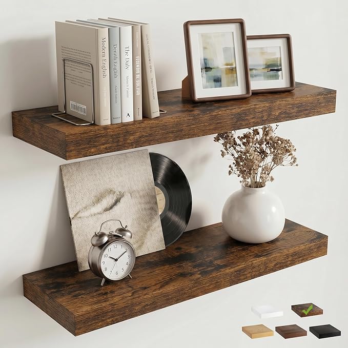 Venusmiles Floating Shelves for Wall, 20 Inch Floating Shelves Set of 2, 6.5" D Wooden Wall Mounted Display Shelves with Invisible Brackets for Living Room, Bedroom, Bathroom, Kitchen Decor, Brown