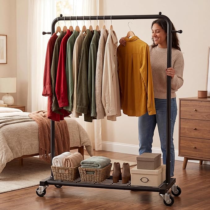 Sywhitta Clothing Rack on Wheels with Mesh Storage Shelf & Sturdy Metal Frame, Rolling Garment Rack for Hanging Clothes, Coats, Skirts, 39.76" L x 16" W x 64.56" H,Black