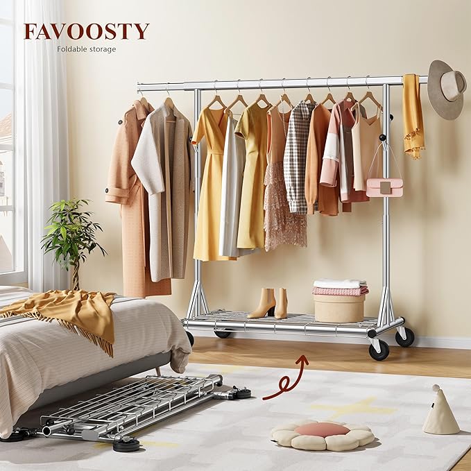 FAVOOSTY Heavy Duty Clothes Rack Load 450 LBS, Rollong Clothing Rack for hanging Clothes with Shelves, Freestanding Garment Rack, Portable Wardrobe Closet Rack for Laundry Room Bedroom, Silver