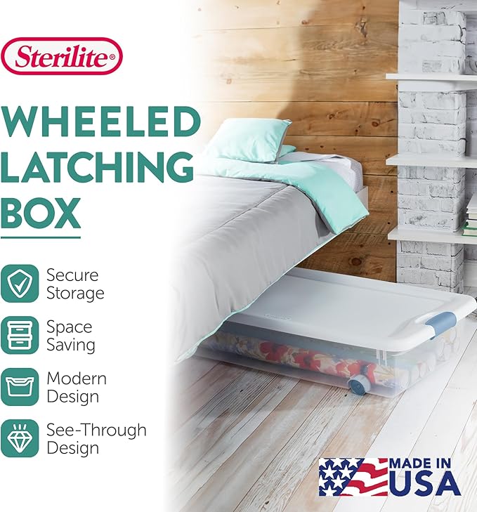 Sterilite 8-Pack Latching Box, Under Bed Storage Bins with Lids, Clear Plastic, 56 Quart - Heavy-Duty Organizing Containers for Closet, Bathroom, and Office