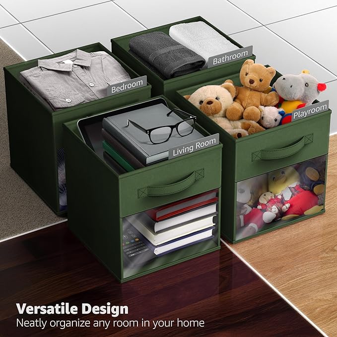 Sorbus 11 Inch Storage Bins with Clear Window - 6 Foldable Baskets for Organizing Clothes, Toys, Books - Sturdy Collapsible Fabric Storage Cubes with Handle - Storage Baskets for Shelves, Closets