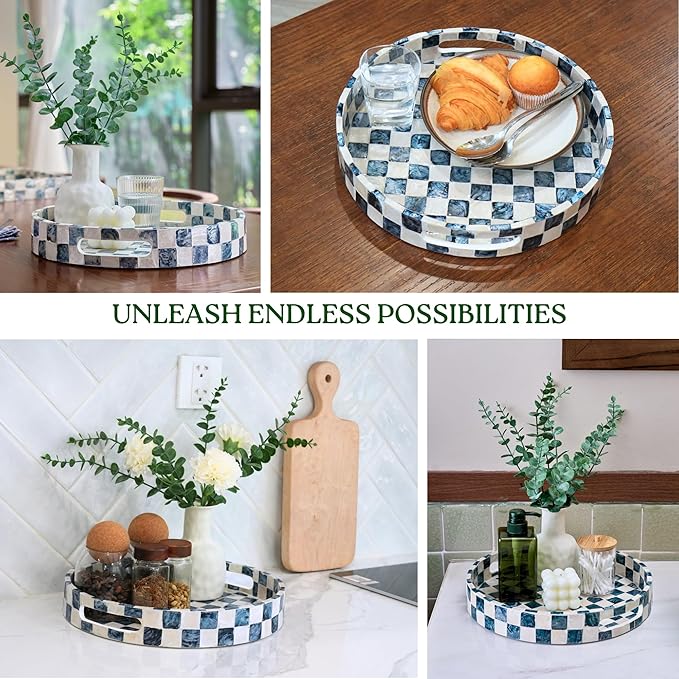 CHI AN HOME 12.6" Round Decorative Tray with Handles, Checkered Capiz Mother of Pearl Serving Tray for Coffee Table, Kitchen Counter, or Bathroom (Navy Blue)