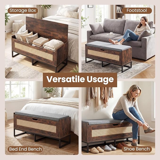 Giantex Rattan Shoe Bench, Flip-Top Entryway Bench with Removable Padded Seat & Hidden Storage, Wooden Shoe Storage Chest with Metal Legs for Bedroom, Hallway, 440 lbs Max Load (Rustic Brown & Black)