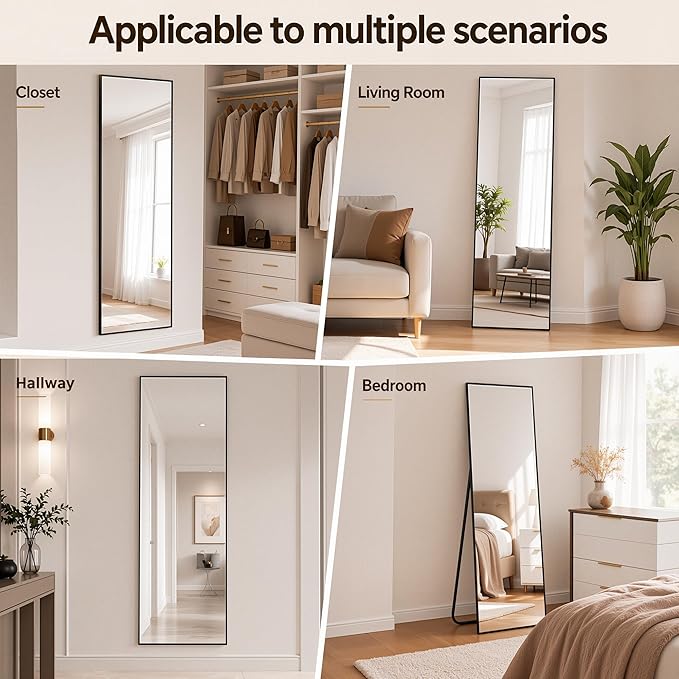Antok Full Length Mirror, 76"x34" Floor Mirror with Stand, Hanging Mounted Mirrors for Bedroom, Living Room, Cloakroom, Dining Room, Black, Rect