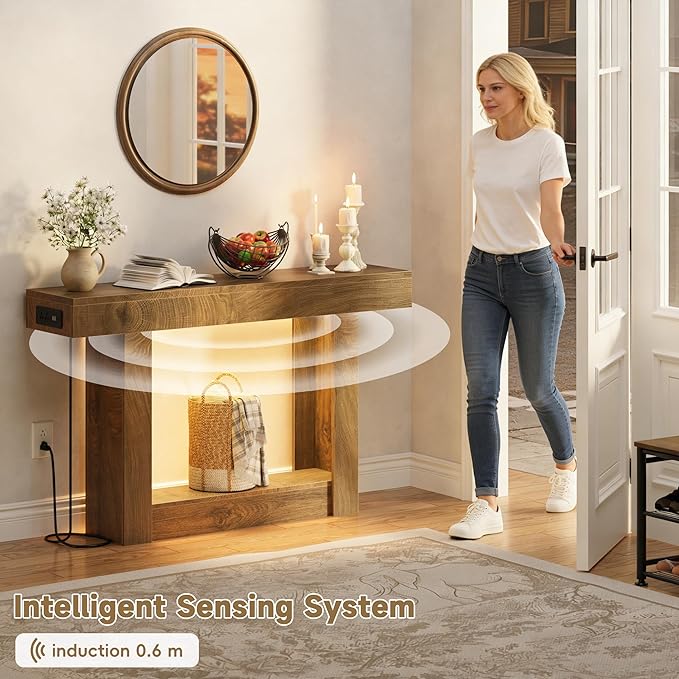LIFECHOVY 47.2" Farmhouse Wood Entryway Table with Outlet, 2-Tier Console Table with Sensor Light Behind the Couch Sofa, Entrance Side Table for Hallway/Living Room/Foyer, Natural Oak