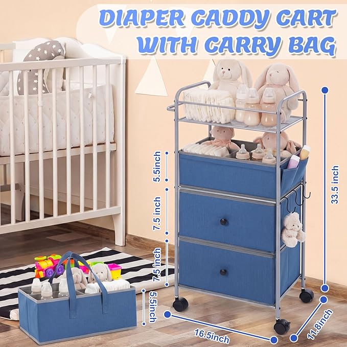 FoldTier 3In1 Baby Diaper Caddy Organizer Cart 4 Tier Large Capacity Metal Utility Bedside Rolling Cart with Divider Newborn Registry Nursery Essential Must Have Bedroom Gift Baby Shower (Blue)