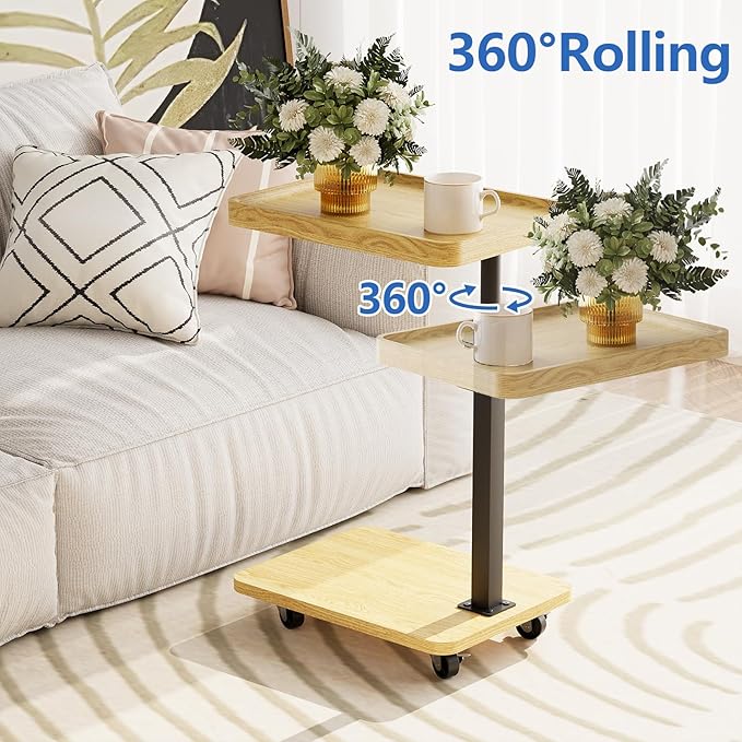 Tv Tray,Adjustable Height C Shaped End Side Table for Eating on Couch That Slide Under,360°Swivel Sofa Snack Dinner Table with Wheels for Living Room and Bedroom, Bed,Chair(Oak+Black)