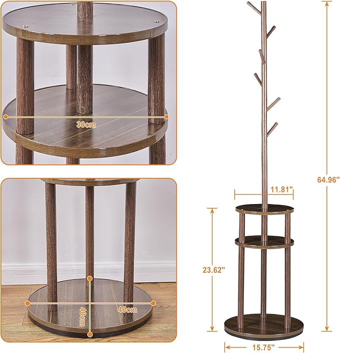 VECELO Coat Rack Freestanding, Entryway Hanger Stand, Umbrella Holder, Hall Tree With Hooks, Floor Standing Metal Tree Stand,Walnut