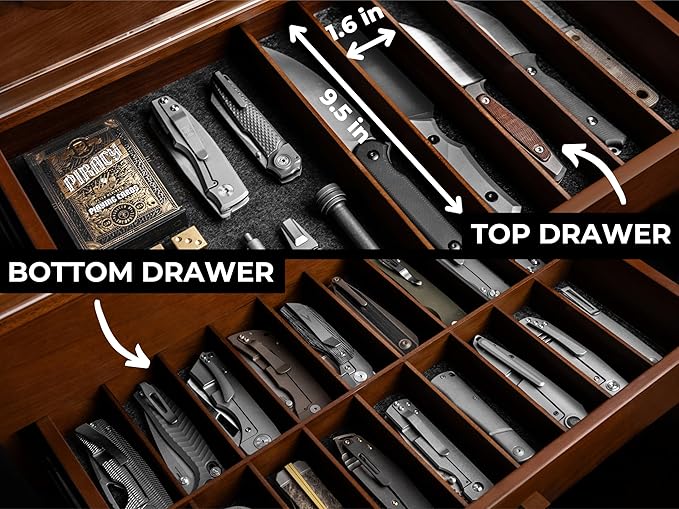 Premium Pocket Knife Display Case for 50 Knives - Extra Large Wooden Knife Organizer, Storage & Holder with Unique Pillars, 2 Drawers - Knife Collection Box - Handcrafted Father's Day Present for Men