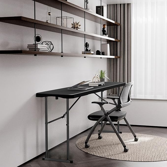 VINGLI 6 FT Narrow Folding Table, Tabletop Folded in Half, Premium Quality HDPE Material and Sturdy Metal Frame, Perfect for Buffet, Seminar, Party, Training, Home Work, Black