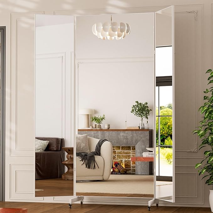 brisafe Full Length Mirror with 360° Wheels, 87"x79" Foldable Floor Mirror with Nano-Tech Shatterproof Film - Ultra-Large Mobile Mirror for Home Gym, Dance Studio & Commercial Spaces (White)