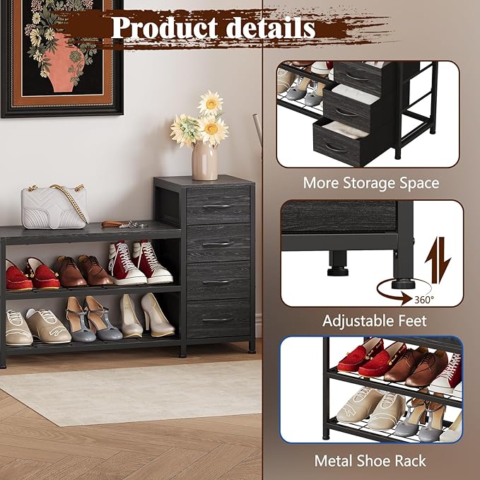 EXOTICA 3 Tier Entryway Bench Shoe Storage Bench with 4 Fabric Drawers Metal Frame and Wooden Board Shoe Rack Bench with Seat for Entryway Hallway Front Door Doorway