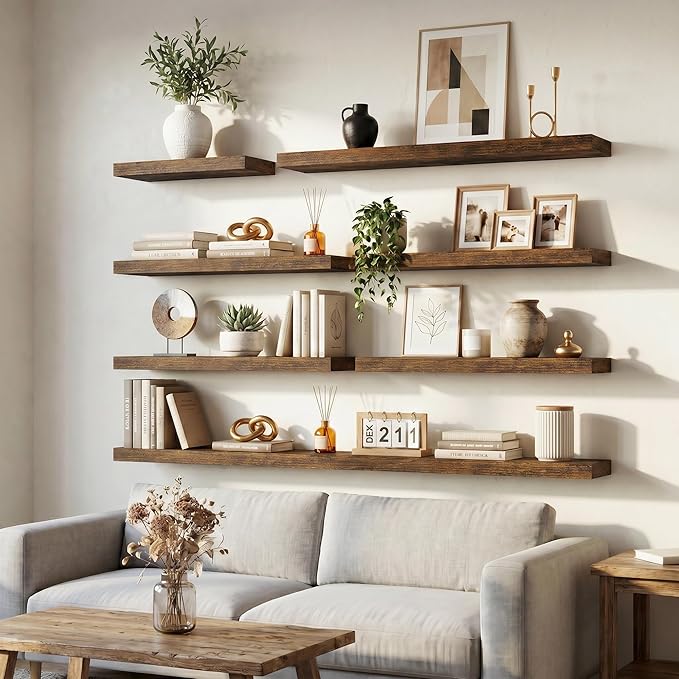 Venusmiles Floating Shelves for Wall, 48 Inch Floating Shelves Set of 2, 6.5" D Wooden Wall Mounted Display Shelves with Invisible Brackets for Living Room, Bedroom, Bathroom, Kitchen Decor, Brown