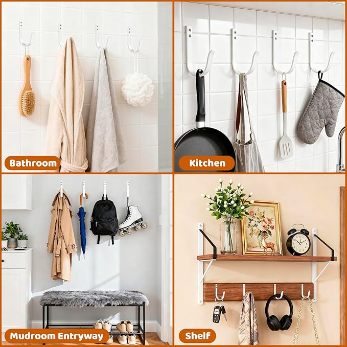 Wall Hooks for Hanging, Large Coat Hooks Wall Mount, Heavy Duty Screw in Metal Hooks for Wall (22LB), Towel Hooks for Bathrooms, Door, Mudroom, Backpack, Clothes, Closet, Purses, White, 4 Pack