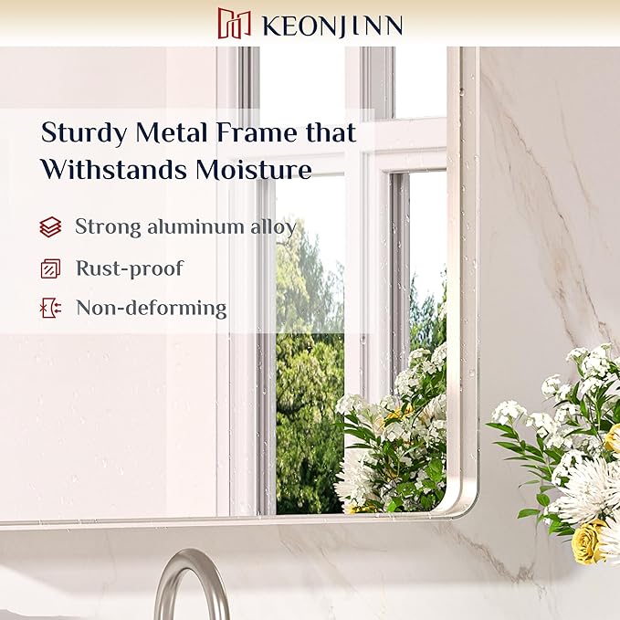Keonjinn 55 x 36 Brushed Nickel Bathroom Mirrors for Over Sink, Large Rounded Rectangle Bathroom Vanity Mirror, Modern Decorative Silver Mirror, HD Tempered Glass Wall Mirror(Horizontal/Vertical)