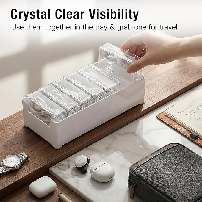 2 PCS Cable Organizer Box with 7 Standalone Cable Management Box, Charger Cord Organizer for Home/Office Desk Accessories Storage Stationery Supplies & Accessories（Clear）