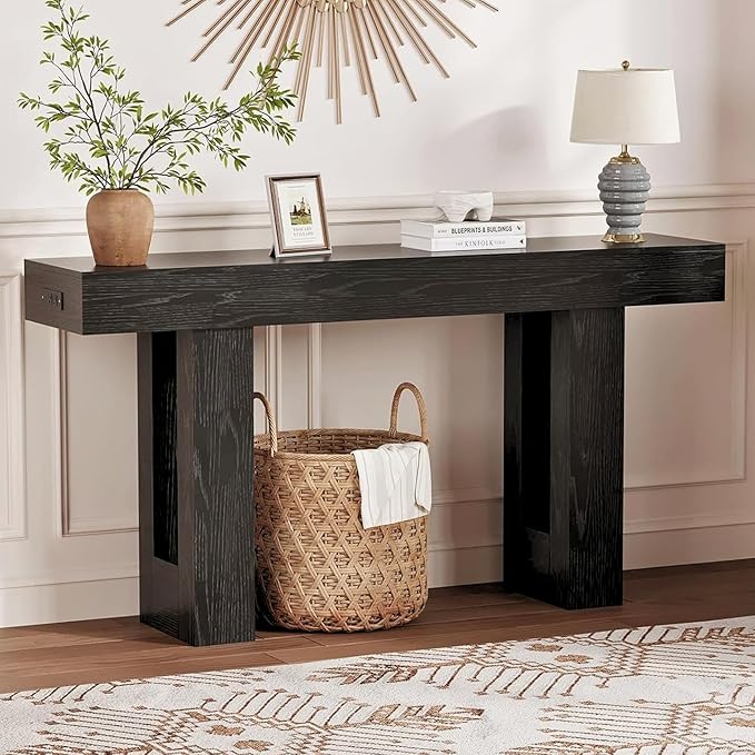 IDEALHOUSE 63" Entryway Table, Wood Console Table with Charging Station, Extra Long Sofa Table, Narrow Hallway Foyer Table for Entryway, Hallway, Living Room, Black