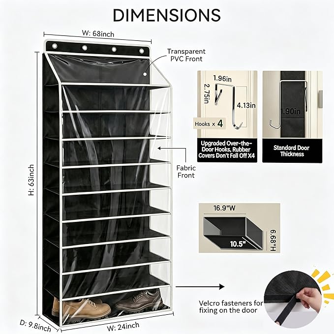 SUREMAX Over The Door Shoe Organizer, 11-Tier Hanging Shoe Rack for Closet Door Fits 22 Pairs, Clear PVC Behind The Door Storage Organizer with Heavy Duty Hooks & Loop Fastener, Black