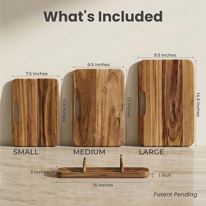 SMIRLY Wooden Cutting Boards for Kitchen, Double-Sided Cutting Board with Handle, Heavy Duty Solid Acacia Wood Cutting Board Set with Stand, 3 Pcs Cutting Boards Non Toxic for Meat Vegetable Fruit