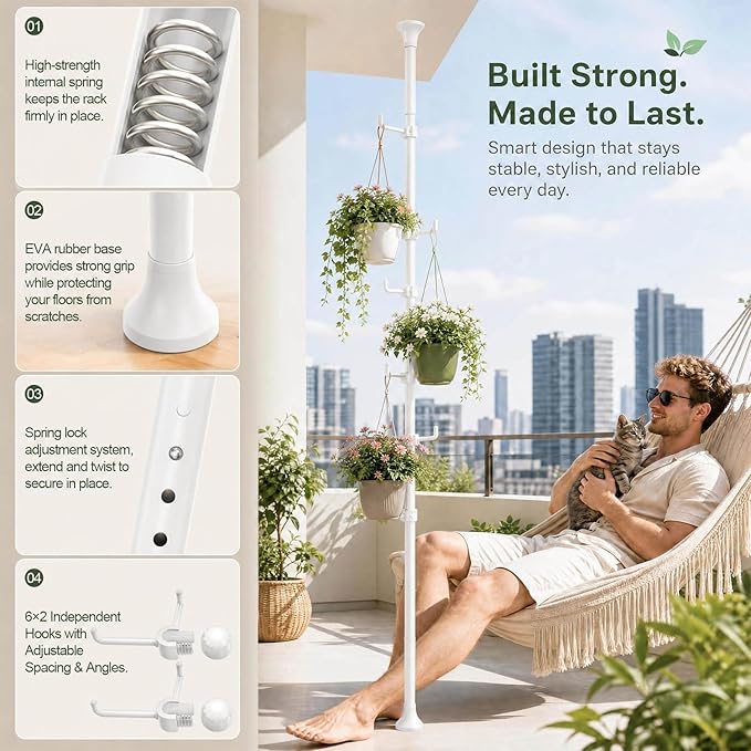 Coat Rack Freestanding, 56 to 125 inch Adjustable Tension Rod Coat Tree with 12 Hooks for Hanging Plant,Coat, Jacket, Hat, Scarf, Suitable for Living Room, Balcony, Kitchen White
