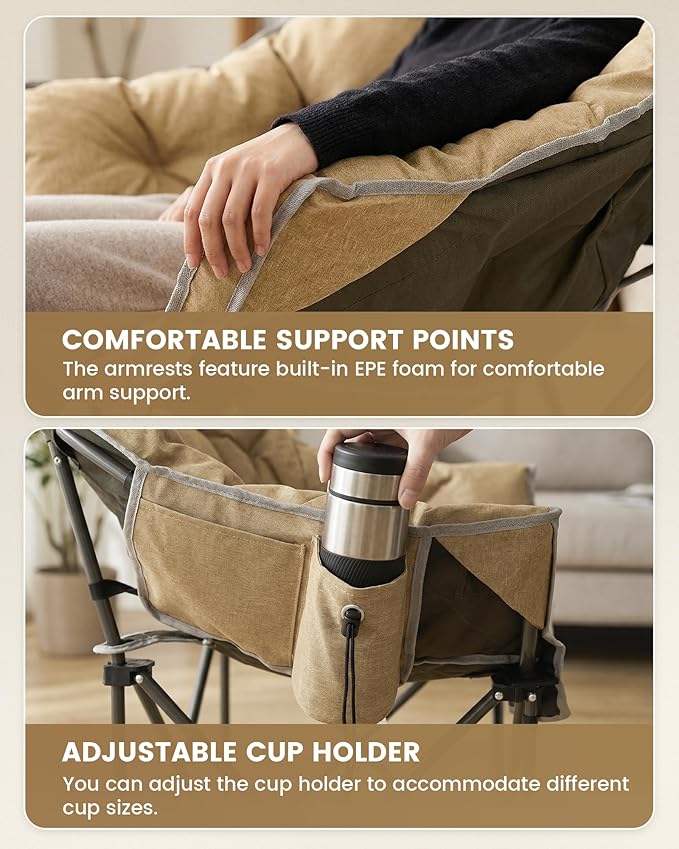 Upgrade Oversized Padded Camping Chair with Adjustable Cup Holder,Weight Capacity 400 LBS,Built-in Comfy Foam Armrest Supports,Heavy Duty Moon Leisure Folding Chair for Camping, Beige(2 Pack)