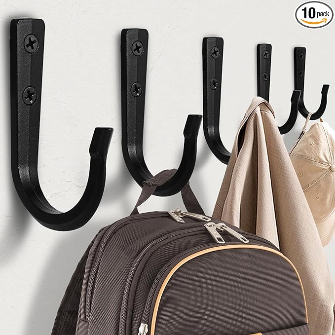 10Pcs Large Size Heavy Duty Wall Hooks, Coat Hooks, Wall Hooks for Hanging Pans, Backpacks, Coats, Garage Items (Black)