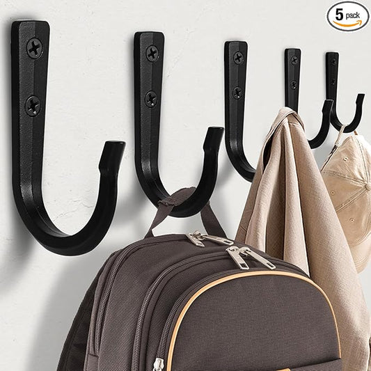 5Pcs Large Size Heavy Duty Wall Hooks, Coat Hooks, Wall Hooks for Hanging Pans, Backpacks, Coats, Garage Items (Black)