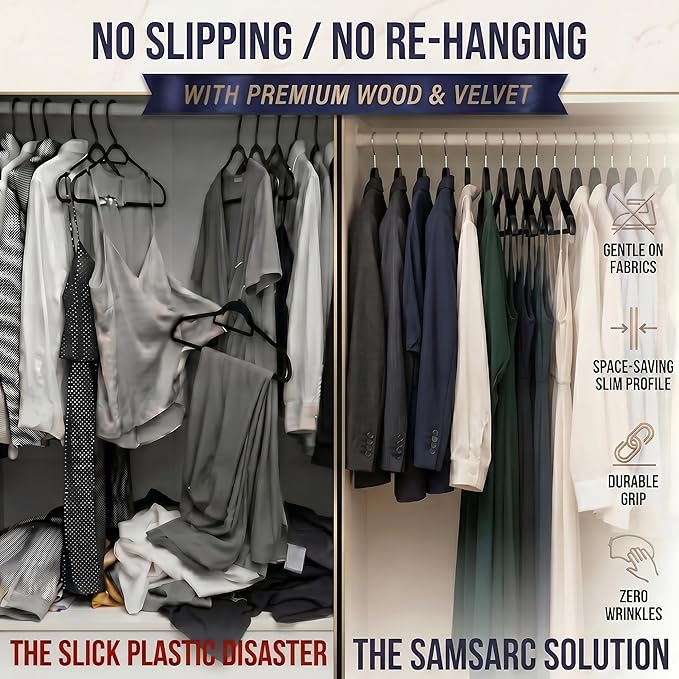 Black Wooden Hangers 20 Pack – Luxury Non Slip Lotus Wood Clothes Hangers with Velvet Bar, 360° Swivel Hook, Heavy Duty Suit & Coat Hangers for Pants, Jackets & Closet Organization – SAMSARC