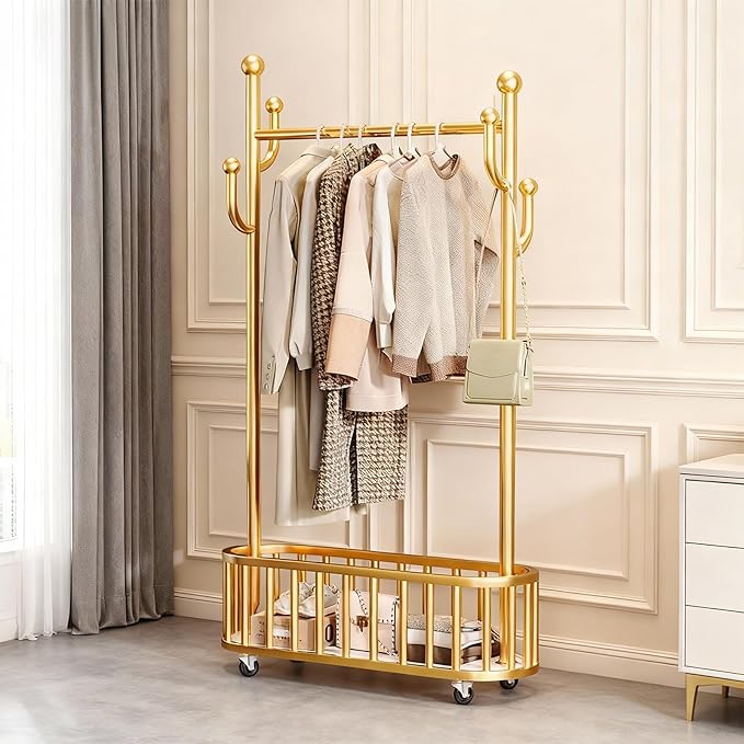 Takywep Rolling Clothing Rack with Wheels and Basket Storage – Metal Moveable Garment Rack, Heavy-Duty Coat Rack for Hanging Clothes, Bedroom, Boutique, Laundry Room