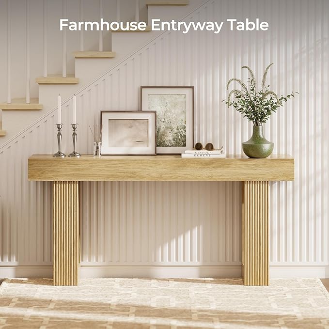 63" L x 33" H x 12" D Fluted Console Table, Modern Japandi Ribbed Entryway Table, Extra Long Sofa Table Behind Couch, Chunky Wood Hallway Table for Living Room, Oak Natural