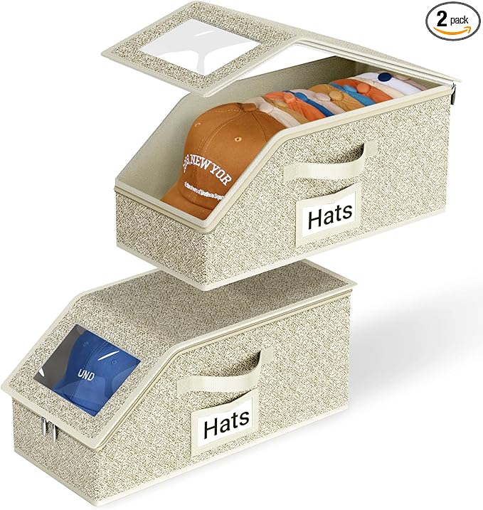 AOODA 2 PCS Stackable Hat Storage for Baseball Caps, Holds up to 24 Caps Hat Organizer for Closet, Sturdy Snapback Boxes for Men with Cardboard, Yellow