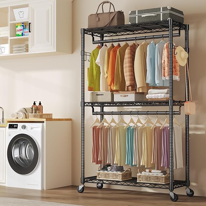 OLIXIS Clothes Rack Heavy Duty Adjustable Garment Clothing Rack with Wheels, Rolling Metal Freestanding Closet Organizer for Hanging Clothes with 2 Side Hooks, Double Rods, 47"x17"x80", Black