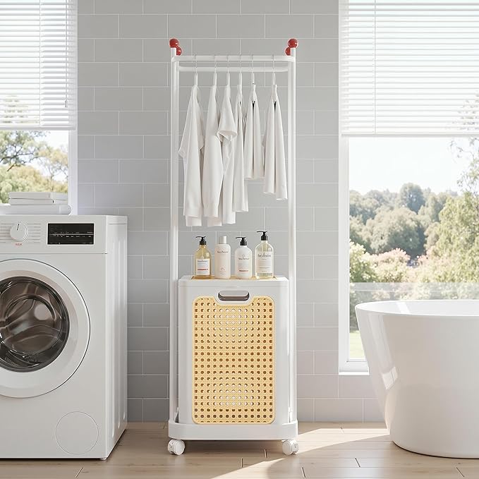 VECELO Laundry Hamper with Clothes Rack, Rolling Laundry Basket with Lid and Wheels, Tall Clothes Stand for Hanging Clothes, Multifunctional Laundry Organizer for Bedroom, Bathroom, White