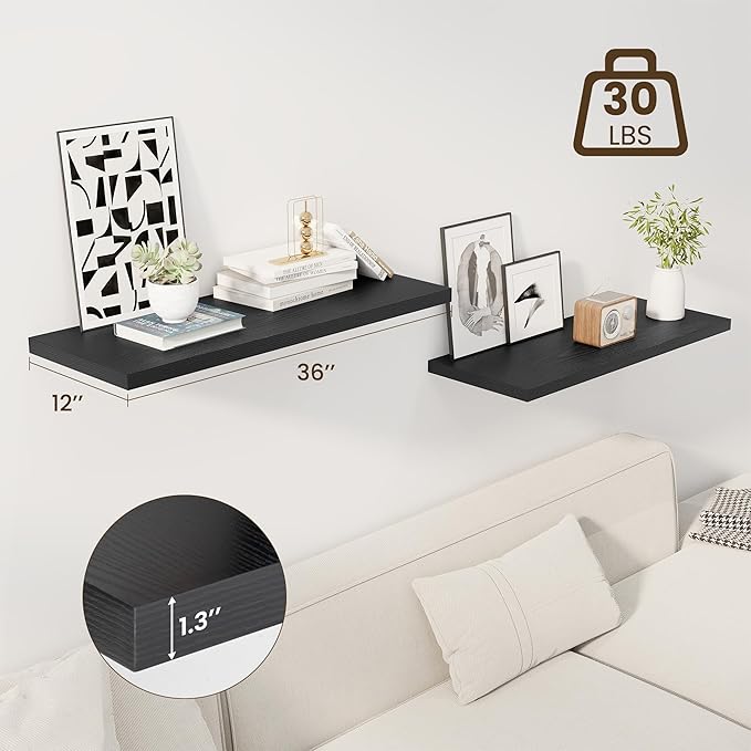 Dreamland 36" Floating Shelves for Wall, 12" Deep Slim Black Floating Shelves,Wall-Mounted Shelves for Bedroom, Living Room, Kitchen, Bathroom - Set of 2